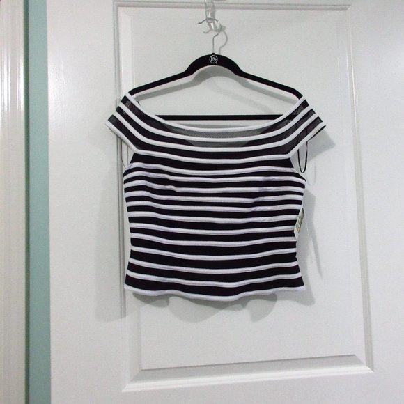 JS Signature striped mesh peplum top Blk/Wht 12 - Picture 2 of 6